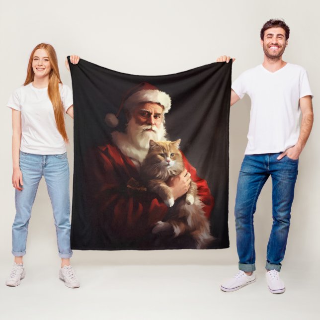 Turkish Angora Cat Santa Claus Festive Christmas  Fleece Blanket (In Situ)