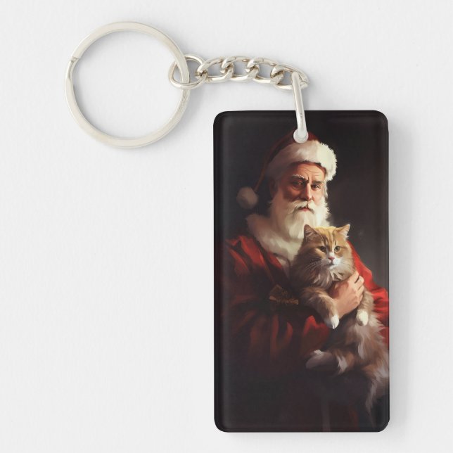 Turkish Angora Cat Santa Claus Festive Christmas  Key Ring (Front)