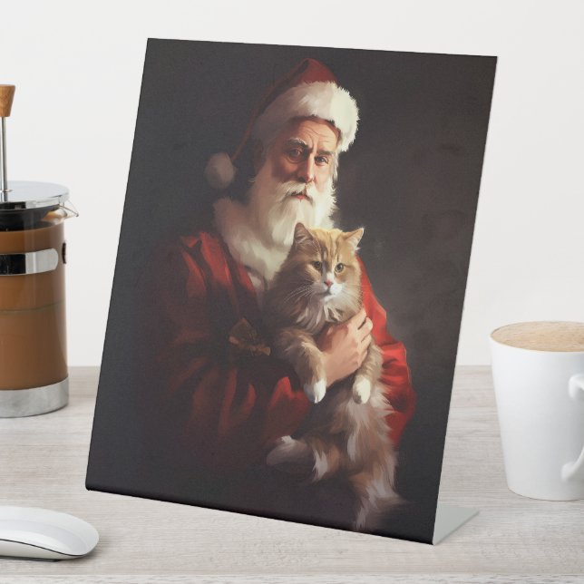 Turkish Angora Cat Santa Claus Festive Christmas  Pedestal Sign (In SItu)