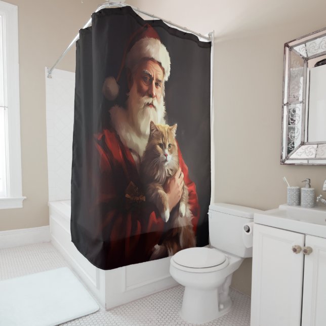Turkish Angora Cat Santa Claus Festive Christmas  Shower Curtain (In Situ)