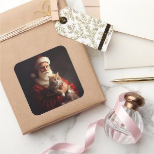 Turkish Angora Cat Santa Claus Festive Christmas Square Sticker