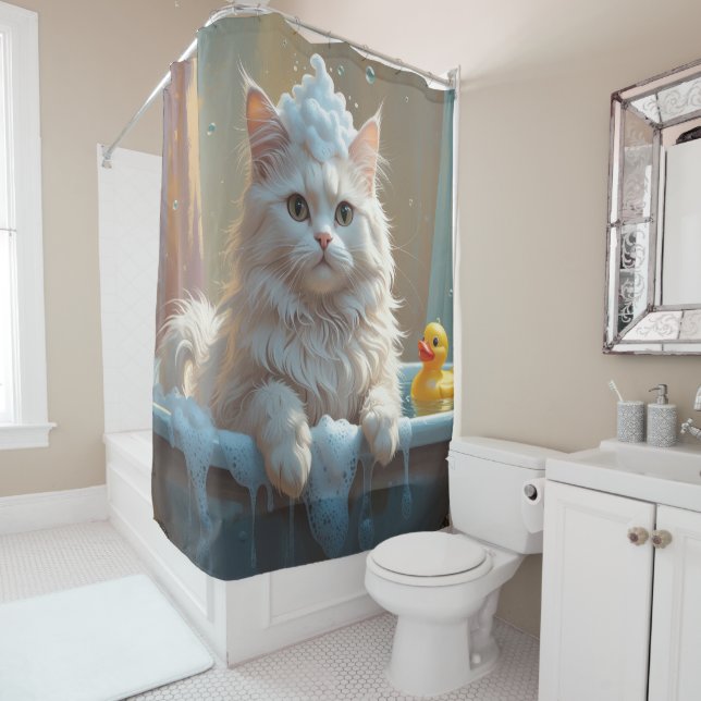 Turkish Angora Cat Sloppy Sleepy Cute Funny Shower Curtain (In Situ)