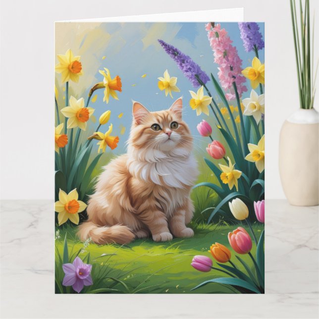 Turkish Angora Cat Spring Flowers Painting Card (Front)
