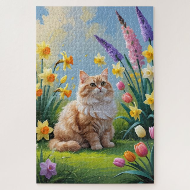 Turkish Angora Cat Spring Flowers Painting Jigsaw Puzzle (Vertical)