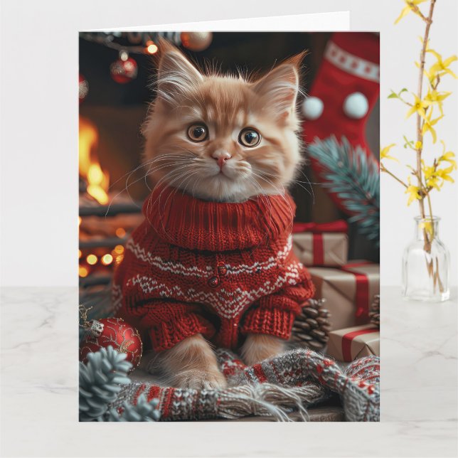 Turkish Angora Cat With Christmas Gifts Fireplace  Card (Yellow Flower)