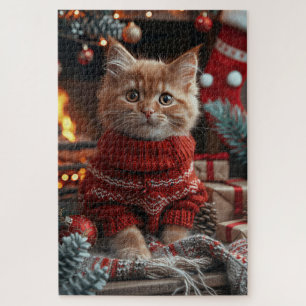 Turkish Angora Cat With Christmas Gifts Fireplace  Jigsaw Puzzle