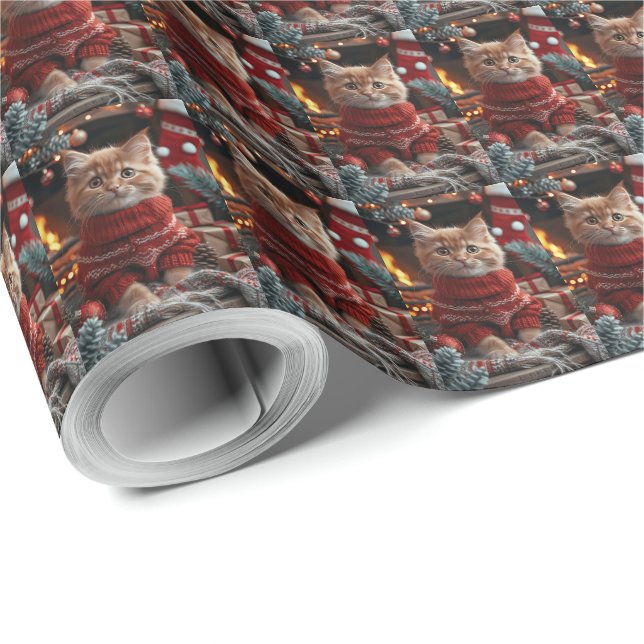 Turkish Angora Cat With Christmas Gifts Fireplace  Wrapping Paper (Roll Corner)