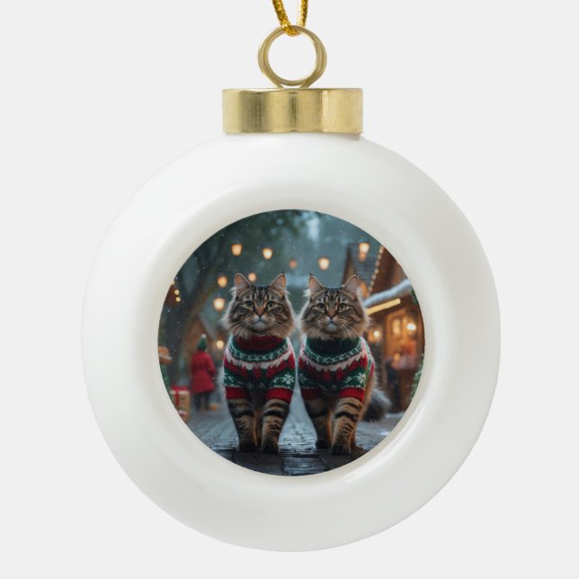 Turkish Angora Cats Christmas Snow Holiday Ceramic Ball Christmas Ornament (Front)