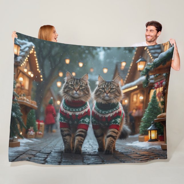 Turkish Angora Cats Christmas Snow Holiday Fleece Blanket (In Situ)