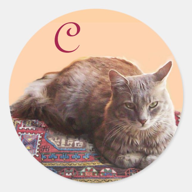 TURKISH CAT ON THE OLD CARPET MONOGRAM CLASSIC ROUND STICKER (Front)