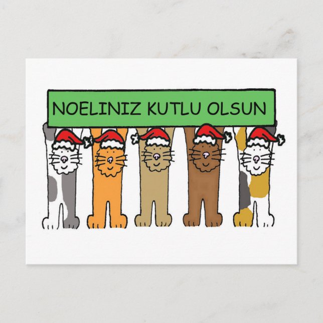 Turkish Christmas Cartoon Cats in Santa Hats Holiday Postcard (Front)