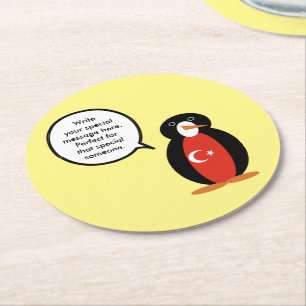 Turkish Flag Talking Ms. Penguin Personalised Round Paper Coaster