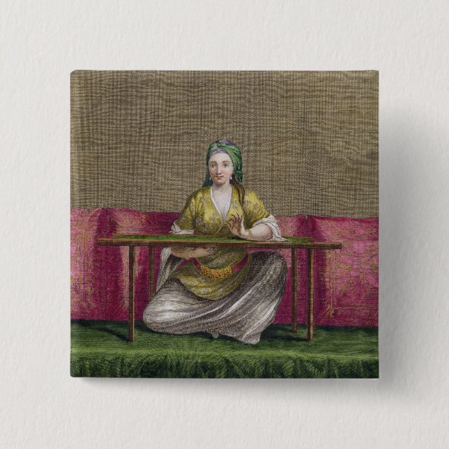 Turkish Girl, embroidering, 18th century (engravin 15 Cm Square Badge (Front)