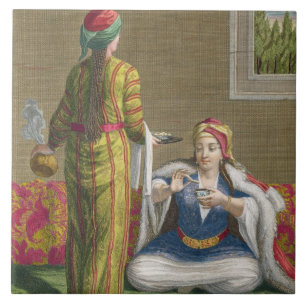 Turkish Girl, having coffee on the sofa, 18th cent Tile