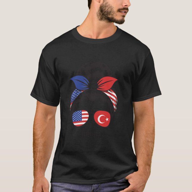 Turkish Girl Turkey Roots American US Flag Messy B T-Shirt (Front)