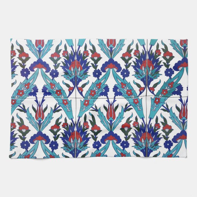 Turkish Iznik  Anatolia Floral Mosaic Pattern Tea Towel (Horizontal)