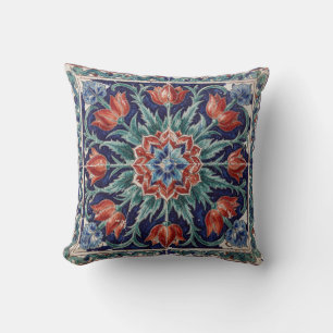 Turkish Iznik Tulip Pillow Cobalt Medallion