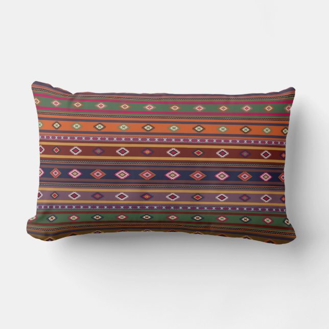 Turkish Kilim Pattern Colourful Tribal Lumbar Cushion (Front)