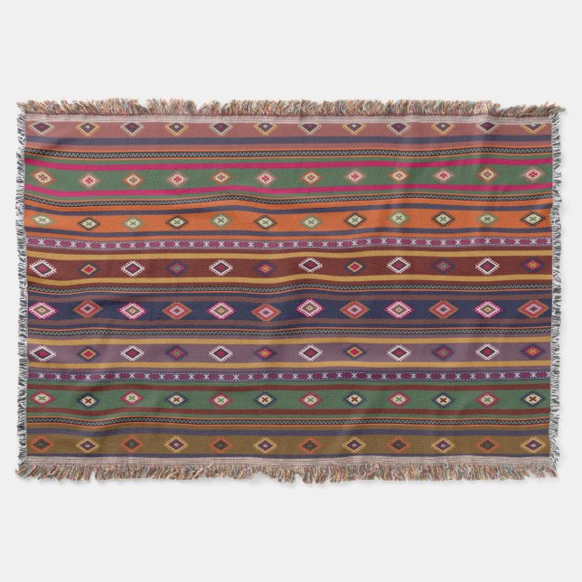 Turkish Kilim Pattern Colourful Tribal Throw Blanket (Front)