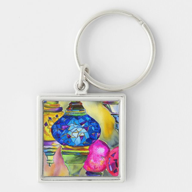 Turkish lamps mosaic watercolor fine art key ring (Front)