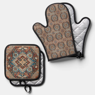 Turkish Modern Beautiful Old Pattern Collection Oven Mitt & Pot Holder Set