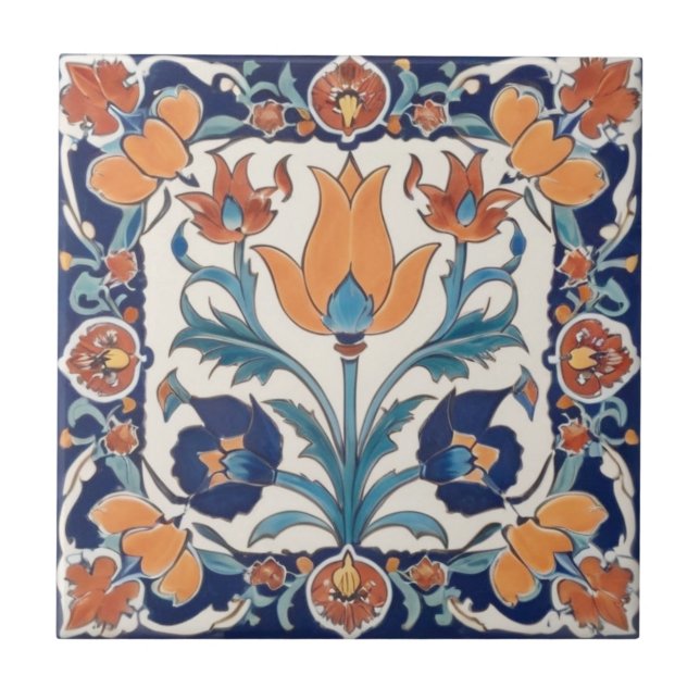 Turkish Ornate Floral Blue Orange Green Flowers Tile (Front)
