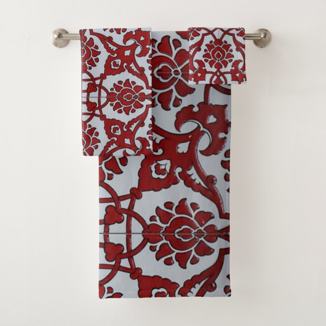 Turkish Red Ceramic Floral Bath Towel Set (Insitu)