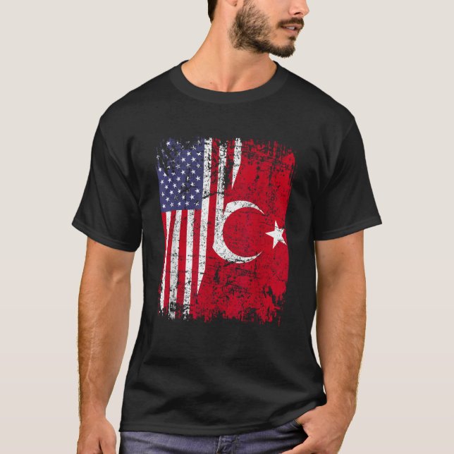 TURKISH ROOTS Half American Flag USA TURKEY FLAG  T-Shirt (Front)