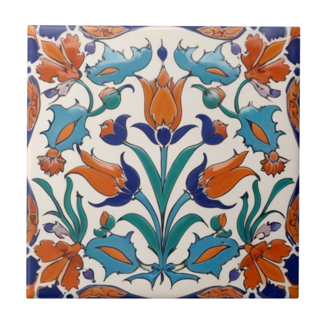 Turkish Tulips Floral Blue Orange Green Flowers Tile (Front)