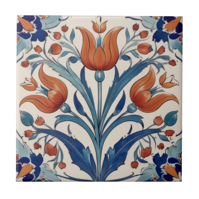 Turkish Tulips Floral Orange Green Iznik Flowers Tile (Front)