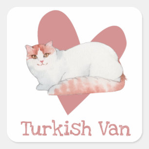 Turkish Van Cat Watercolor Kitty Pink Heart Square Sticker