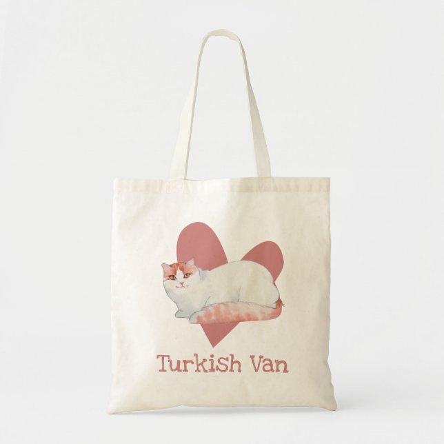Turkish Van Cat Watercolor Kitty Pink Heart Tote Bag (Front)