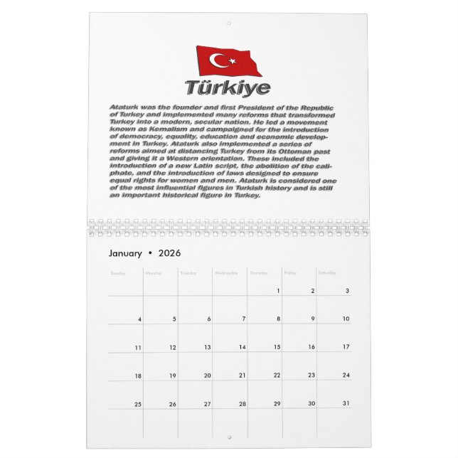 Turkiye Calender 100th anniversary of the Republic Calendar (Jan 2026)