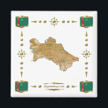 Turkmenistan Map Flags Magnet<br><div class="desc">This design comprises a Turkmen map within a border featuring the national flag.
The design works best on square magnets.
You may add your own text/graphics using the 'Customize it!' feature.
© 2010 FlagAndMap.
Map derived from images at: http://www.lib.utexas.edu/maps/</div>