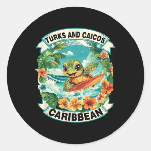 Turks And Caicos Caribbean Cute Sea Turtle Surfing Classic Round Sticker