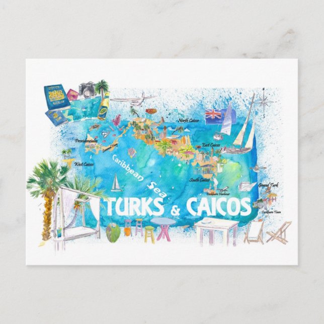 Turks & Caicos Antilles Illustrated Travel Map  Postcard (Front)