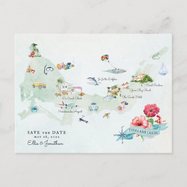 Turks & Caicos | Destination Wedding Itinerary Map Announcement Postcard (Front)