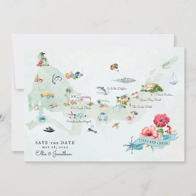 Turks & Caicos | Destination Wedding Itinerary Map Invitation (Front)