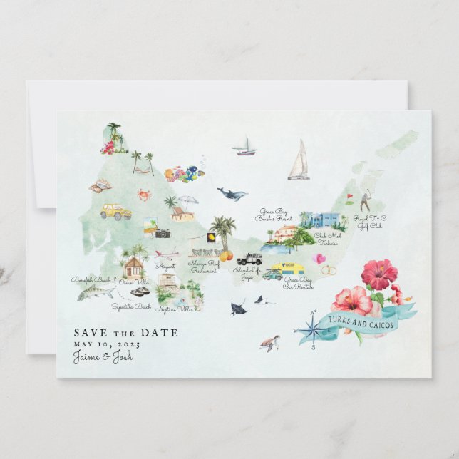 Turks & Caicos | Destination Wedding Itinerary Map Save The Date (Front)