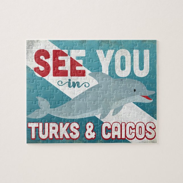 Turks & Caicos Dolphin - Retro Vintage Travel Jigsaw Puzzle (Horizontal)