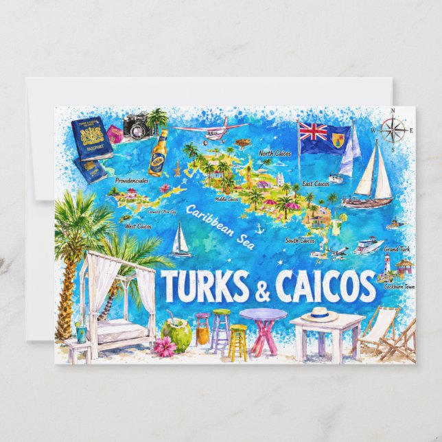 Turks & Caicos Illustrated Island Map Postcard (Front)
