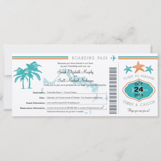 Turks & Caicos Save the Date Boarding Pass (Front)