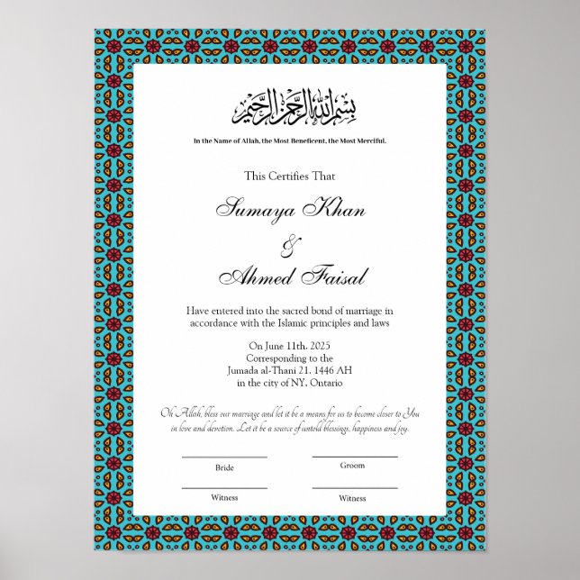 Turkuaz muslim nikkah certificate poster (Front)