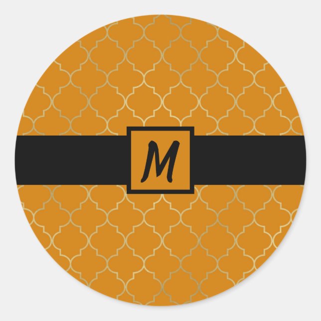 Turmeric Yellow Gold Quatrefoil Monogrammed Party Classic Round Sticker (Front)