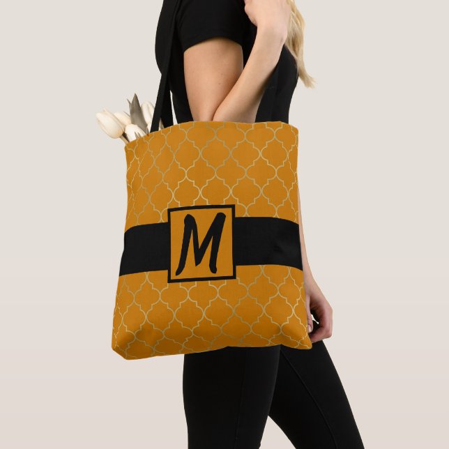 Turmeric Yellow & Gold Quatrefoil Monogrammed Tote Bag (Close Up)