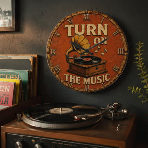 Turn On The Music Vintage Gramophon Large Clock