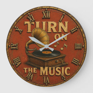 Turn On the Music Vintage Gramophone Record Player Large Clock