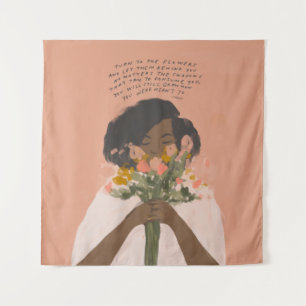 Turn to the flowers inspirational quote black art tapestry