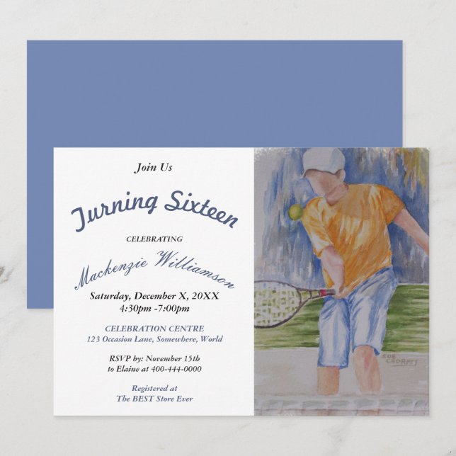 TURNING 16 TENNIS PLAYER PARTY INVITATION (Front/Back)