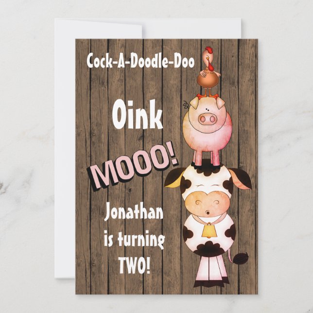 Turning 2 Cute Farm Animals on Barn Wood Birthday Invitation (Front)